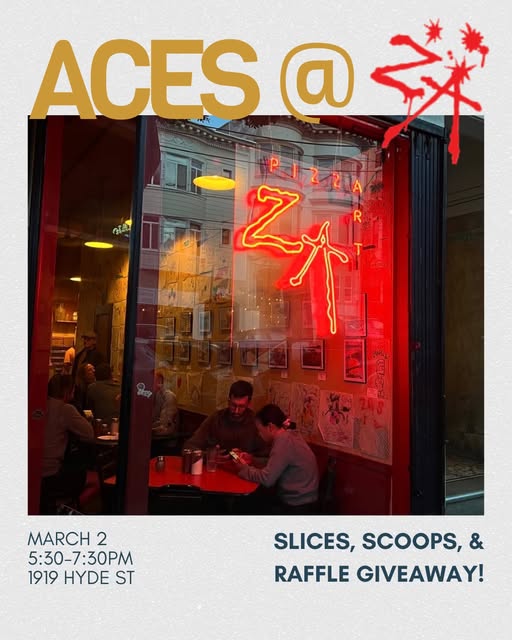 “Aces @ Za” over Za’s red neon window sign, for the March 2 pop-up