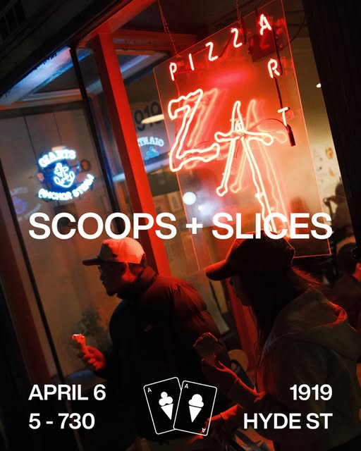 Za’s red neon sign in the window, for Aces Ice Cream scooping at Za on April 6
