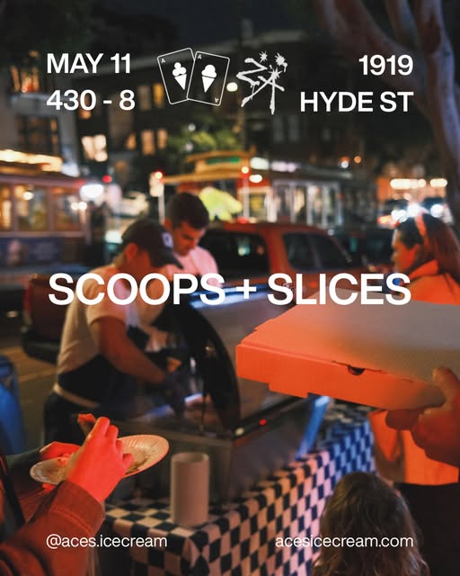 Aces Ice Cream and Za Pizza’s Monday-night slices and scoops, over Hyde Street at night